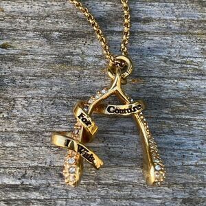 Juicy Couture "I Wish For Couture" Gold Crystal Pave Lucky Wishbone Necklace EUC